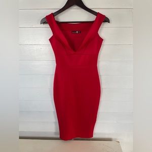 Red Boohoo Night Off Shoulder Midi Dress